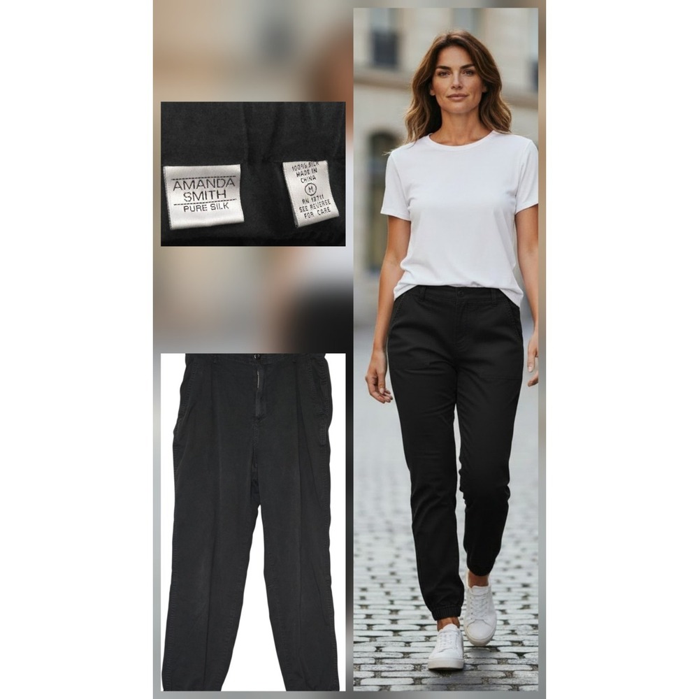 Amanda Smith Black Pure Silk Pants Size Med 28x28 Elastic Waist Wide Leg